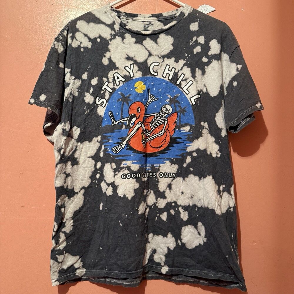 Thirty Singles Mens TShirt L Large Gray Tie Dye Skeleton Vacation Good Vibes